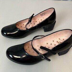 Black Patent Mary Jane Heels with Glitter Block Heel v2284